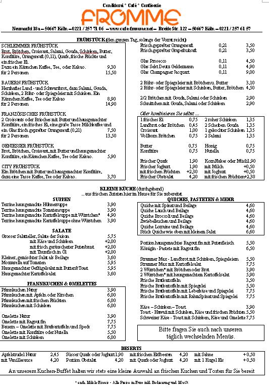 Cafe Fromme Karte