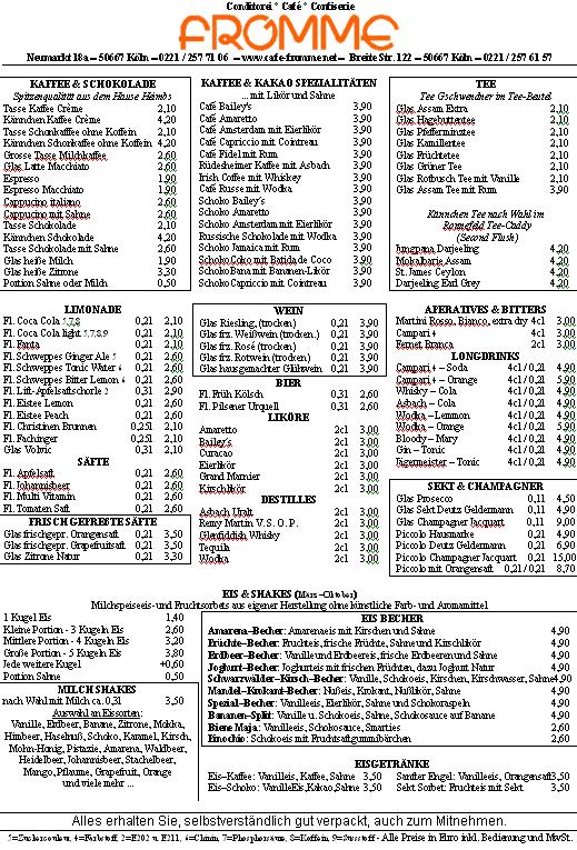 Cafe Fromme Karte